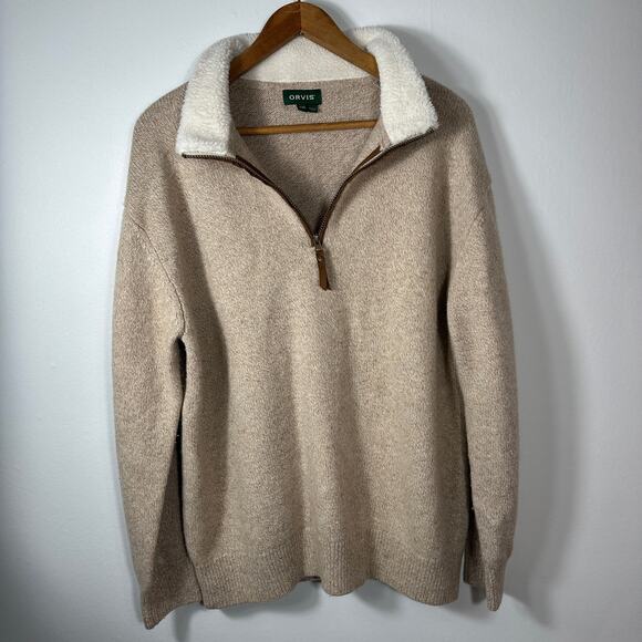 Orvis Lambswool 1/4 Zip Sweater XXL Beige Sherpa Collar Suede Trim F21 Outdoor - Picture 10 of 11